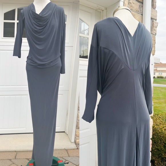 LONG SILVER MAXI COWL NECK LONG SLEEVES MERMAID STYLE DRESS XL - Picture 1 of 8